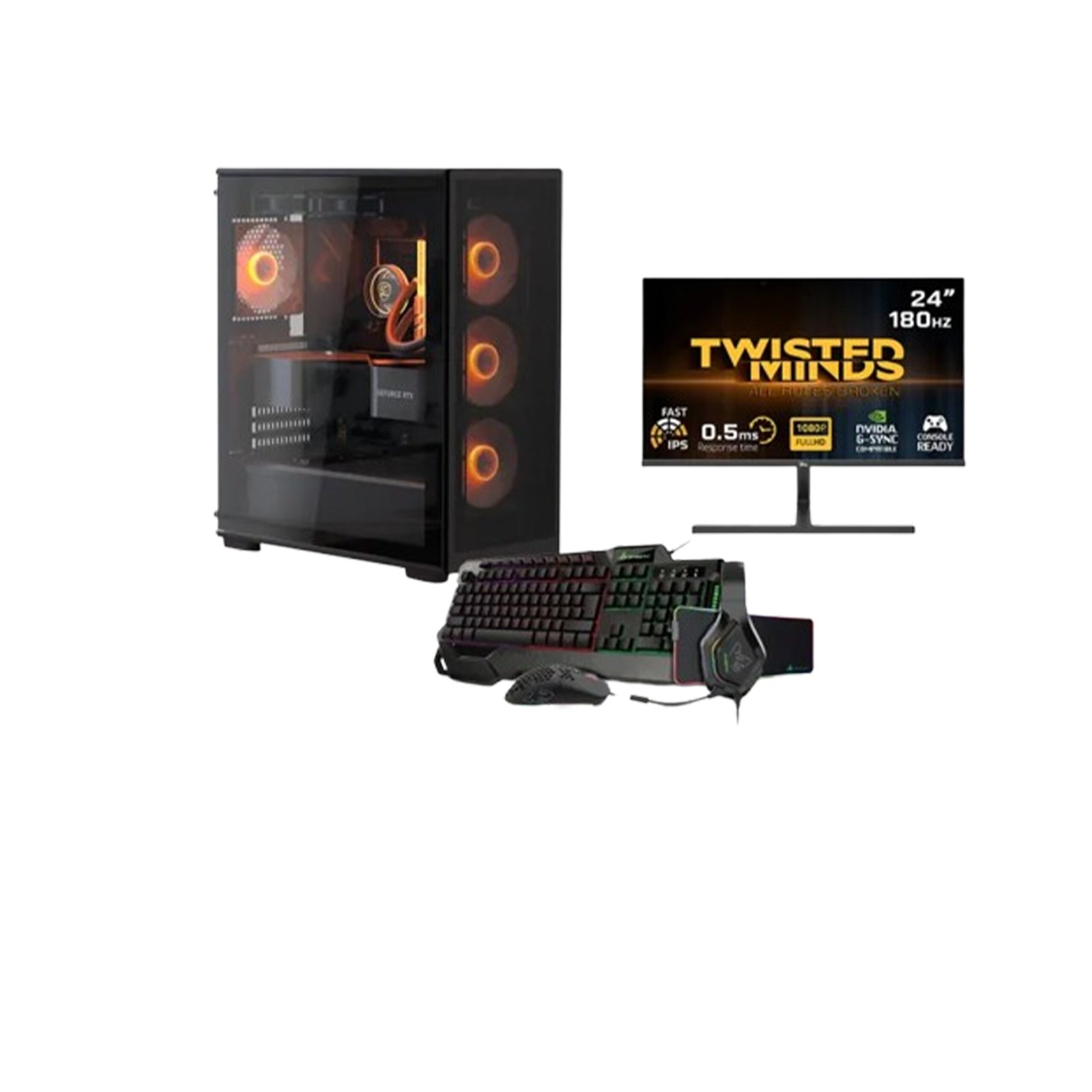 146 Gaming PC i5-12400F CPU,H610 D4 MB,16GB D4 Ram,1TB NVME SSD,RTX 3050 8GB VGA,650 WATT PSU,Cougar MX220 RGB Mid Tower Case,4x RGB Fans,Win 11 Pro (License) Twisted Minds 24'' FHD 180Hz Monitor,SharX Jaws Wried Gaming Keyboard,Mouse,Headset,MousePad - الصورة 1