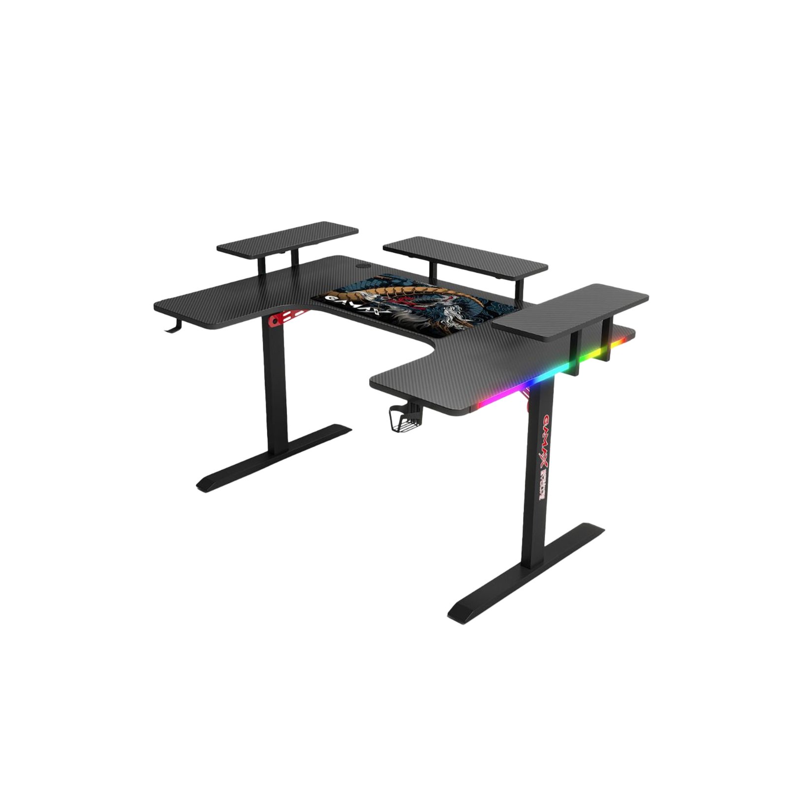 185 جاماكس P203 طاولة ألعاب وورك ستيشن كاربون فايبر RGB مع رفوف متعددة المستويات وماوس باد مقاس 160x100x74 سم - أسود (غير شامل التركيب) - الصورة 1